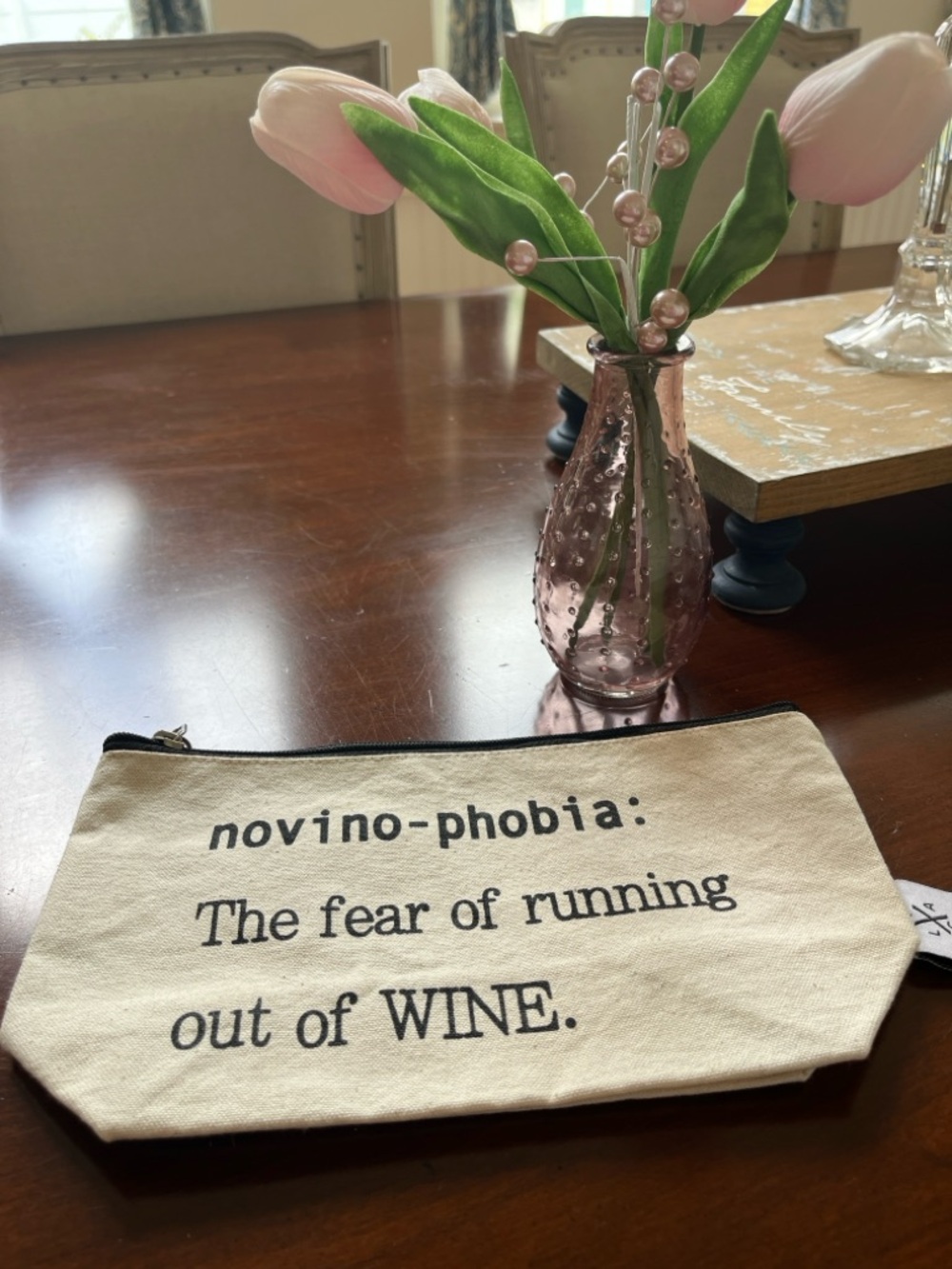 Canvas Wine Phrase Zip Pouch Tote - Cream
